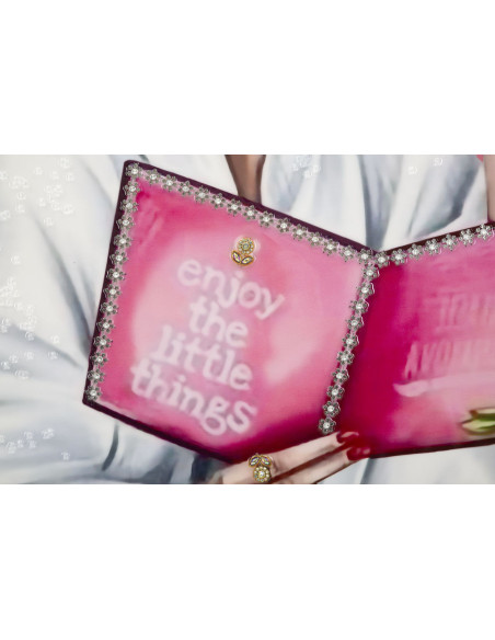 Toile murale peinte Femme spa Enjoy 82x82 avec cadre argenté Luxury 