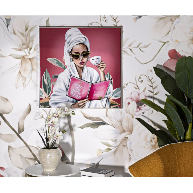 Toile murale peinte Femme spa Enjoy 82x82 avec cadre argenté Luxury 