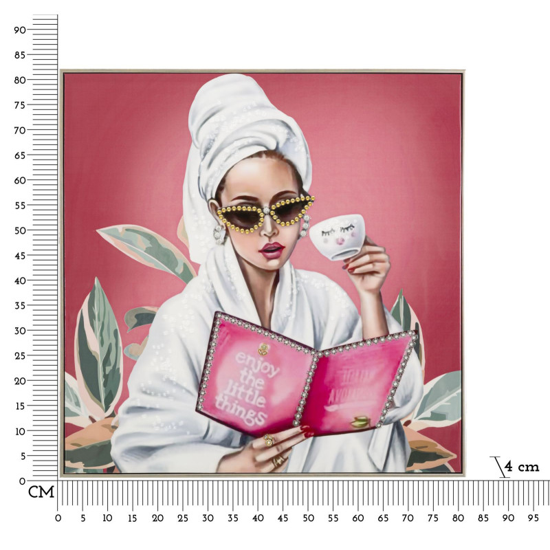 Toile murale peinte Femme spa Enjoy 82x82 avec cadre argenté Luxury 