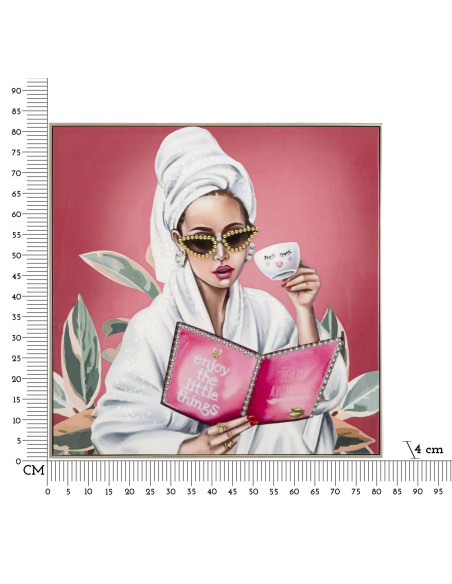 Toile murale peinte Femme spa Enjoy 82x82 avec cadre argenté Luxury 