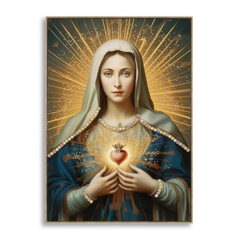 Toile murale peinte religieuse Madone au Sacré-coeur 72x102 avec cadre doré Madonna 