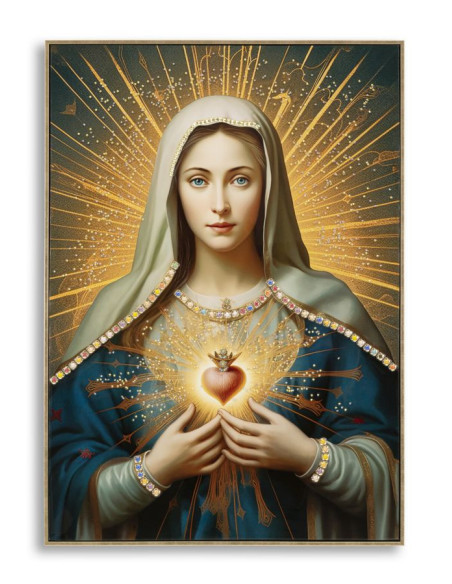 Toile murale peinte religieuse Madone au Sacré-coeur 72x102 avec cadre doré Madonna 