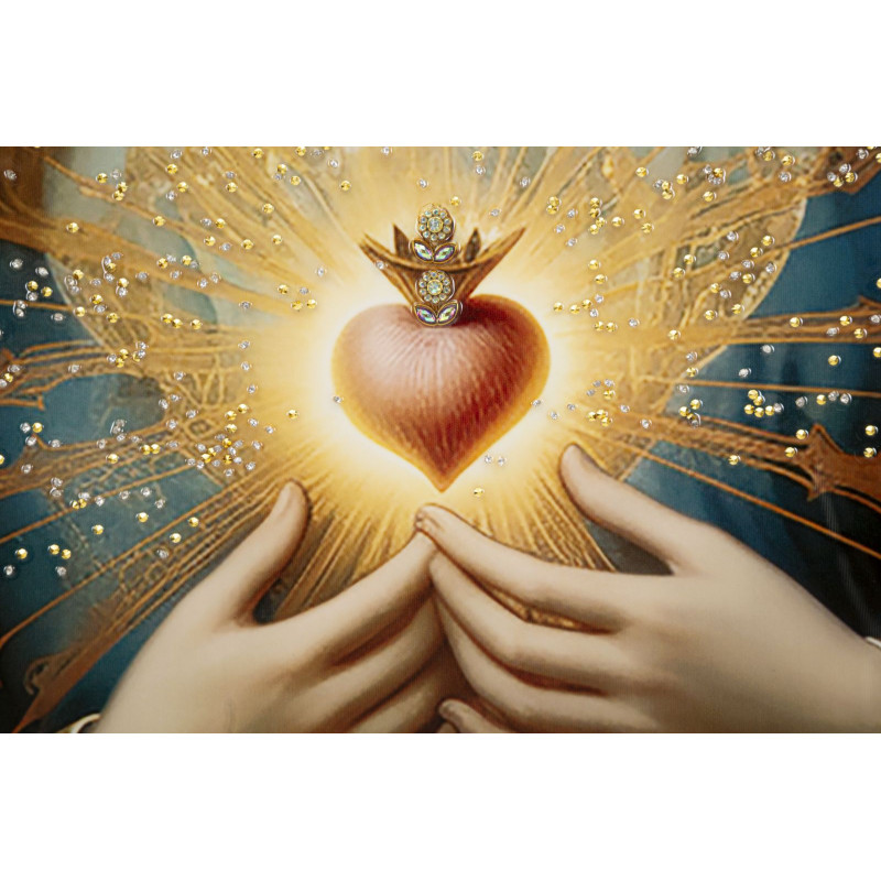 Toile murale peinte religieuse Madone au Sacré-coeur 72x102 avec cadre doré Madonna 