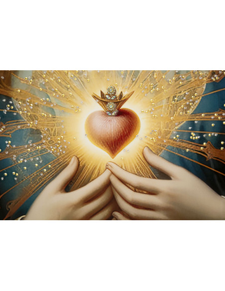 Toile murale peinte religieuse Madone au Sacré-coeur 72x102 avec cadre doré Madonna 