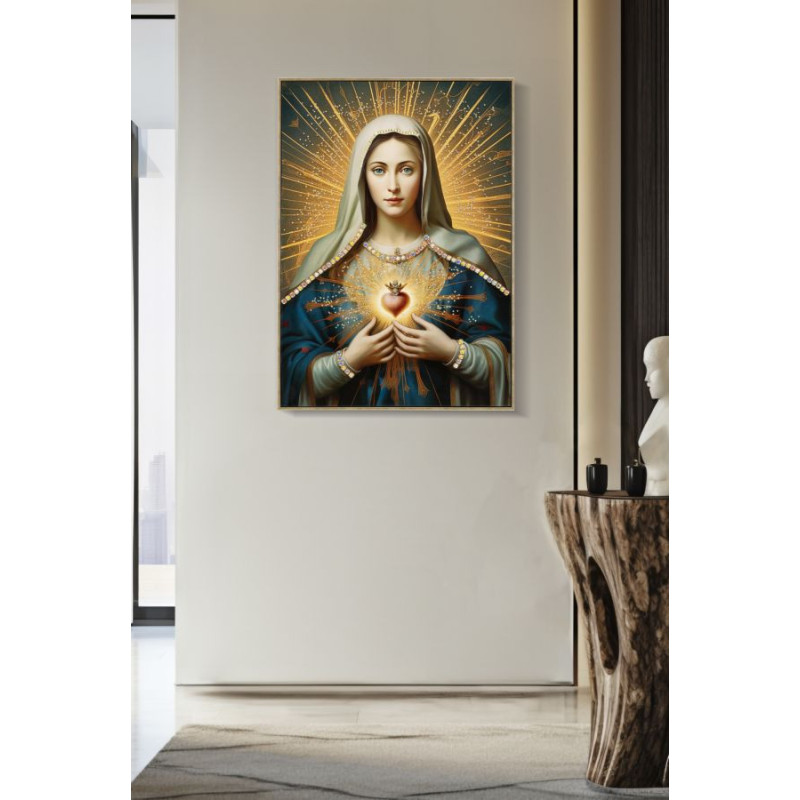 Toile murale peinte religieuse Madone au Sacré-coeur 72x102 avec cadre doré Madonna 