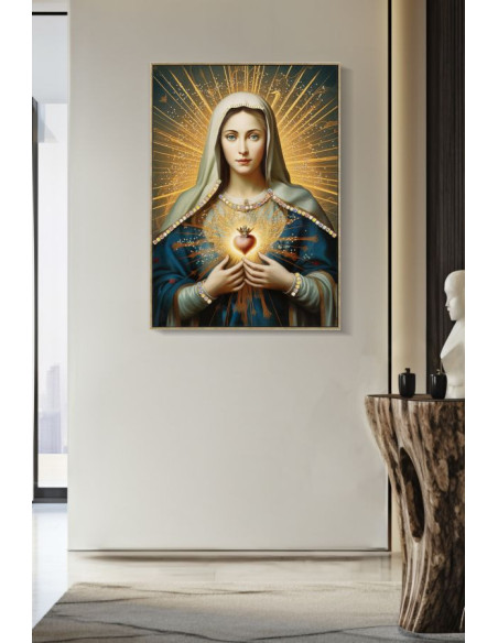 Toile murale peinte religieuse Madone au Sacré-coeur 72x102 avec cadre doré Madonna 