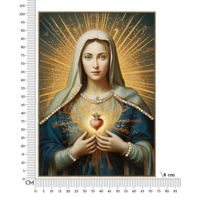 Toile murale peinte religieuse Madone au Sacré-coeur 72x102 avec cadre doré Madonna 