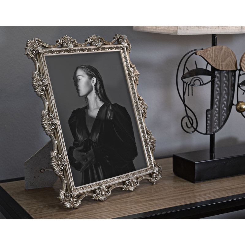 Grand Cadre photo baroque Fleurs & Volutes pour photo 20x25 Résine Argenté Florence 