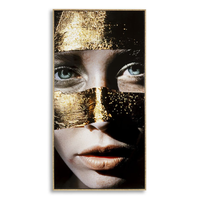 Grande Toile murale peinte Portrait Femme Or 52x102 avec cadre doré Nairobi 