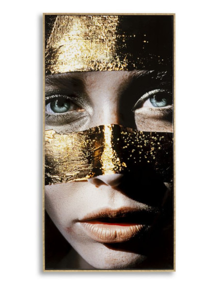 Grande Toile murale peinte Portrait Femme Or 52x102 avec cadre doré Nairobi 