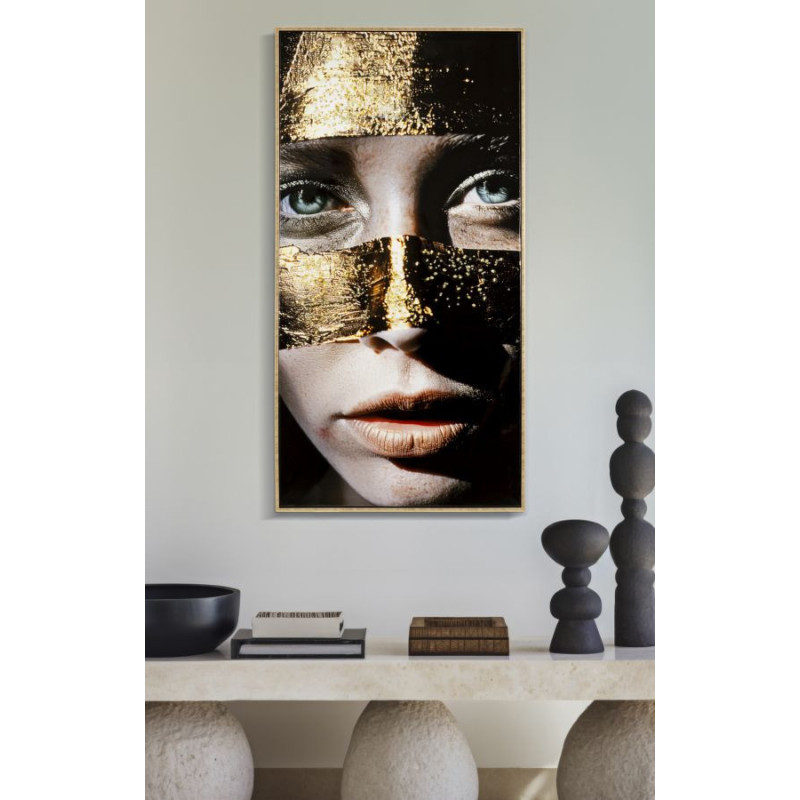 Grande Toile murale peinte Portrait Femme Or 52x102 avec cadre doré Nairobi 