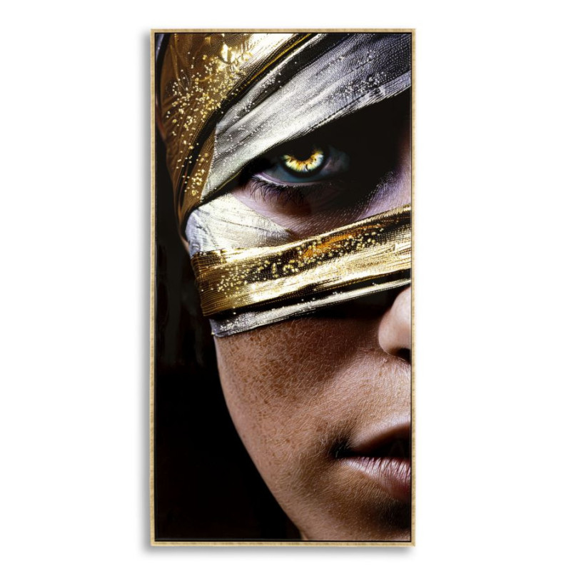 Grande Toile murale peinte Portrait Regard Or 52x102 avec cadre doré Nairobi 