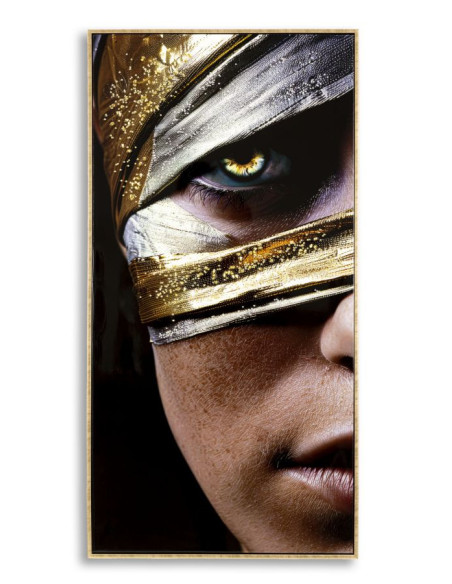 Grande Toile murale peinte Portrait Regard Or 52x102 avec cadre doré Nairobi 