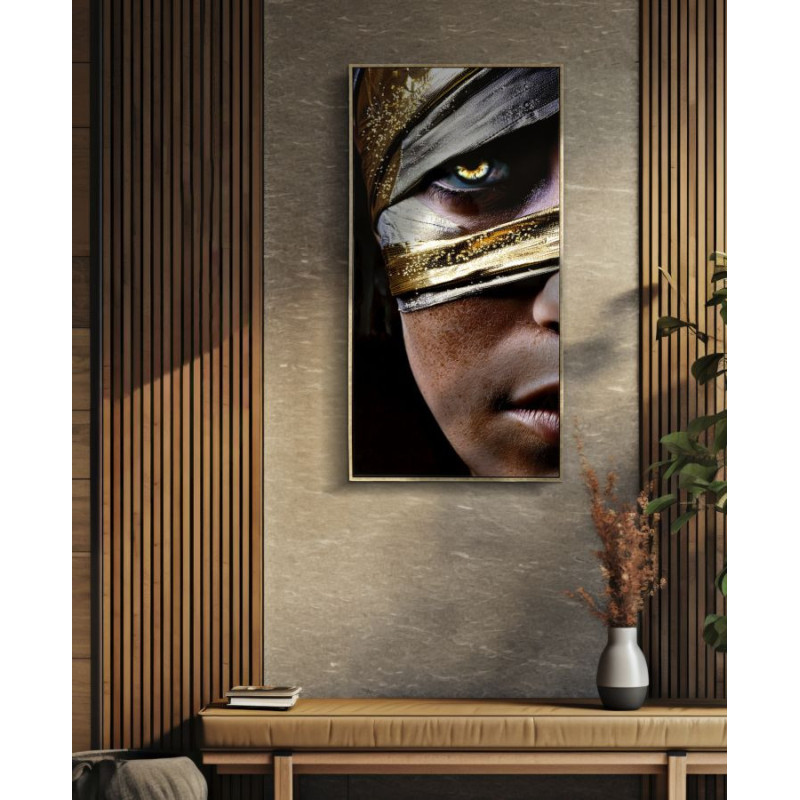 Grande Toile murale peinte Portrait Regard Or 52x102 avec cadre doré Nairobi 