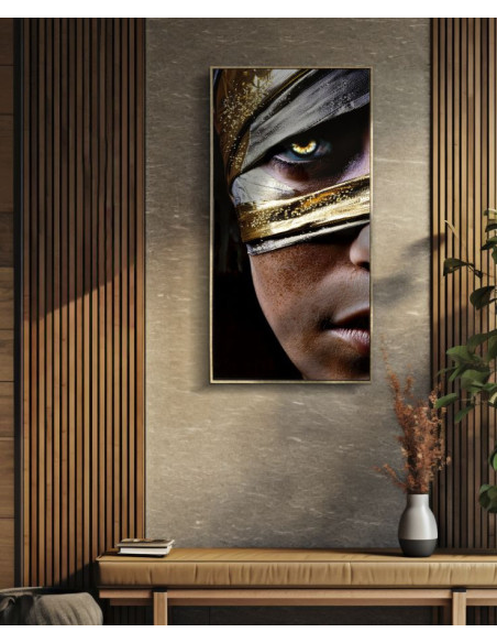 Grande Toile murale peinte Portrait Regard Or 52x102 avec cadre doré Nairobi 