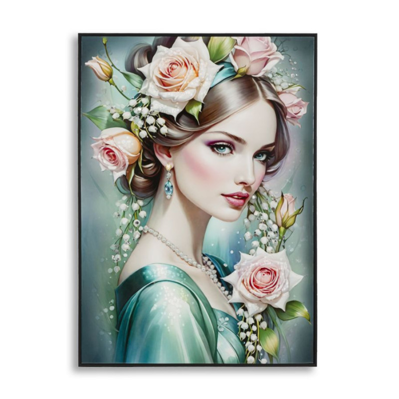 Grande toile murale peinte Femme fleurs robe turquoise 72x102 avec cadre noir Fantasy 