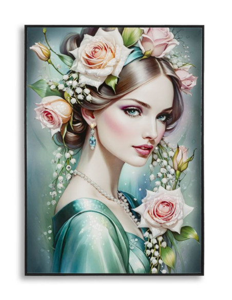 Grande toile murale peinte Femme fleurs robe turquoise 72x102 avec cadre noir Fantasy 
