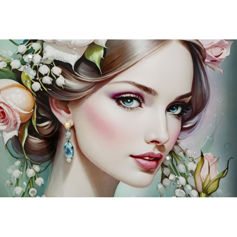 Grande toile murale peinte Femme fleurs robe turquoise 72x102 avec cadre noir Fantasy 