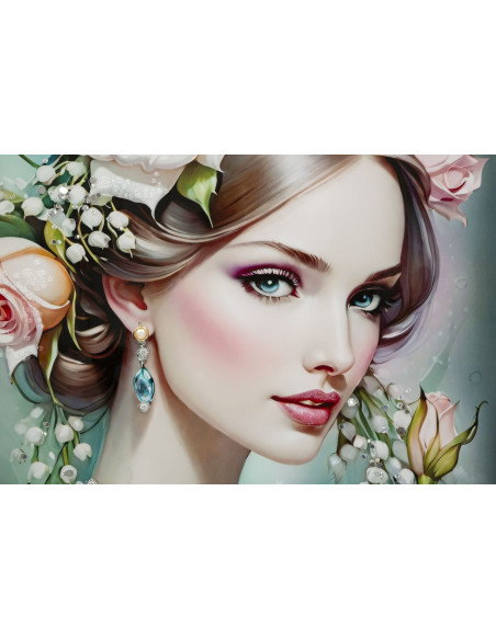 Grande toile murale peinte Femme fleurs robe turquoise 72x102 avec cadre noir Fantasy 