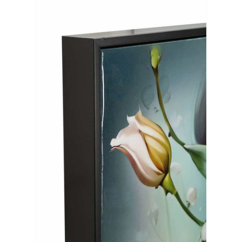 Grande toile murale peinte Femme fleurs robe turquoise 72x102 avec cadre noir Fantasy 