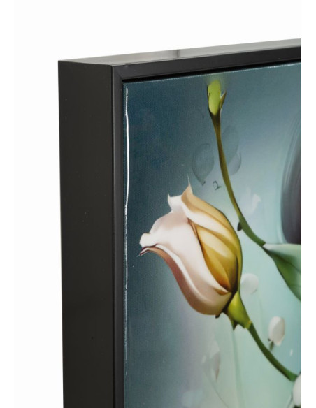 Grande toile murale peinte Femme fleurs robe turquoise 72x102 avec cadre noir Fantasy 