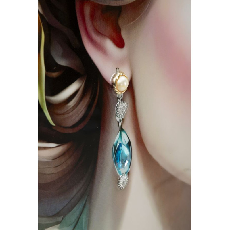 Grande toile murale peinte Femme fleurs robe turquoise 72x102 avec cadre noir Fantasy 