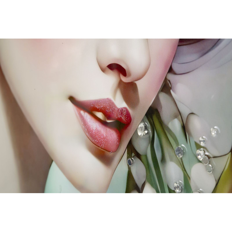 Grande toile murale peinte Femme fleurs robe turquoise 72x102 avec cadre noir Fantasy 