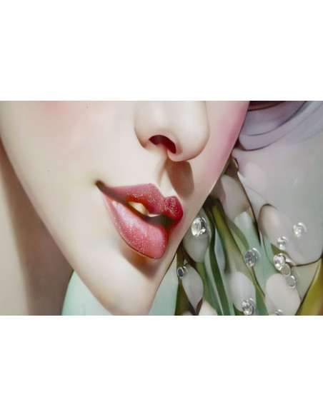 Grande toile murale peinte Femme fleurs robe turquoise 72x102 avec cadre noir Fantasy 