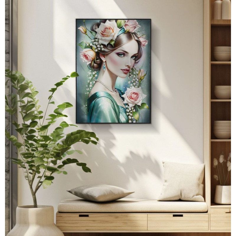 Grande toile murale peinte Femme fleurs robe turquoise 72x102 avec cadre noir Fantasy 