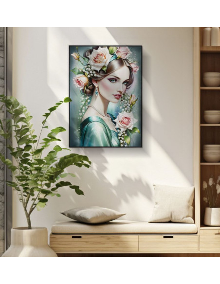Grande toile murale peinte Femme fleurs robe turquoise 72x102 avec cadre noir Fantasy 
