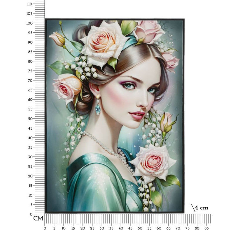 Grande toile murale peinte Femme fleurs robe turquoise 72x102 avec cadre noir Fantasy 