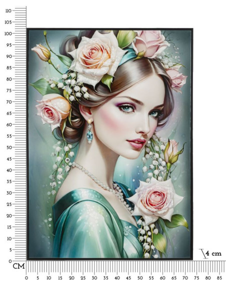 Grande toile murale peinte Femme fleurs robe turquoise 72x102 avec cadre noir Fantasy 