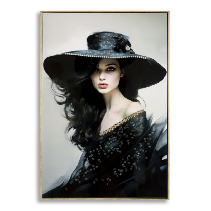 Grande toile murale peinte Femme chapeau noir 62x92 avec cadre doré Dori 