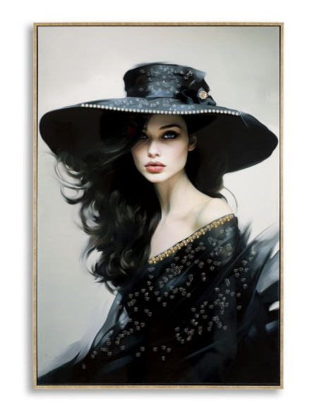 Grande toile murale peinte Femme chapeau noir 62x92 avec cadre doré Dori 