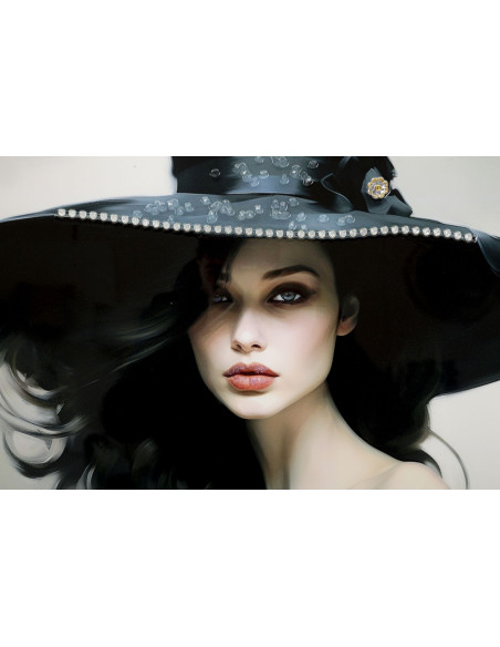 Grande toile murale peinte Femme chapeau noir 62x92 avec cadre doré Dori 