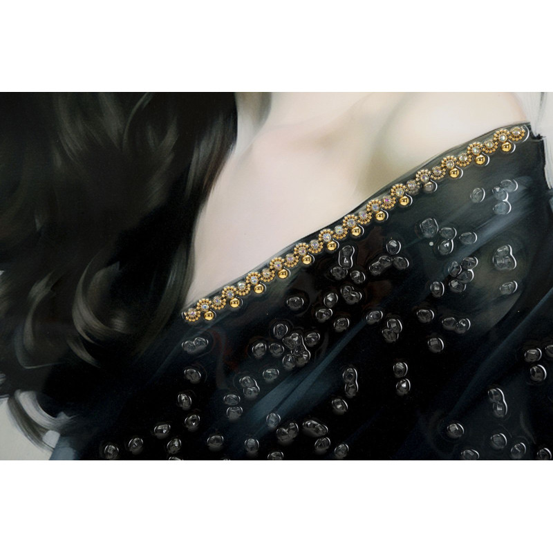 Grande toile murale peinte Femme chapeau noir 62x92 avec cadre doré Dori 