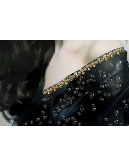 Grande toile murale peinte Femme chapeau noir 62x92 avec cadre doré Dori 