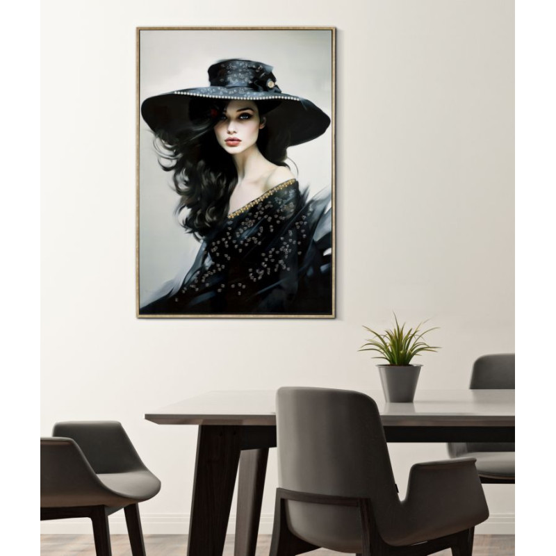 Grande toile murale peinte Femme chapeau noir 62x92 avec cadre doré Dori 