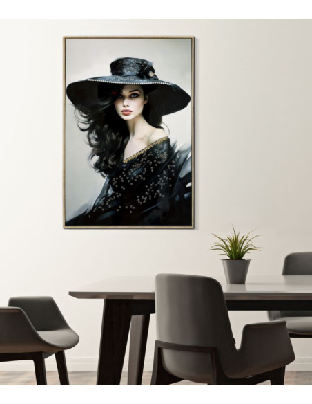 Grande toile murale peinte Femme chapeau noir 62x92 avec cadre doré Dori 