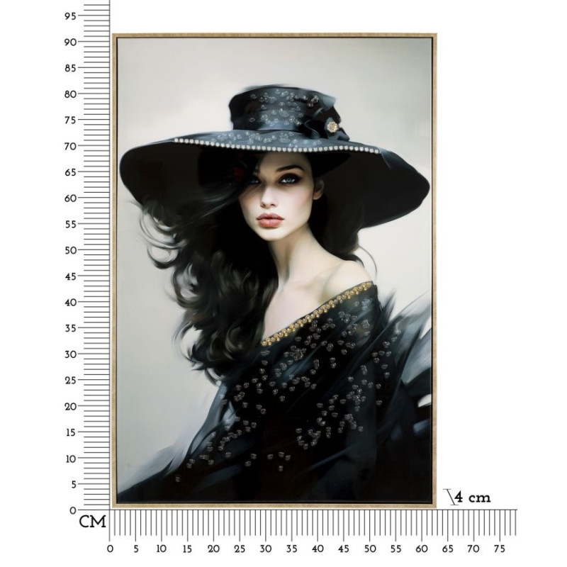 Grande toile murale peinte Femme chapeau noir 62x92 avec cadre doré Dori 