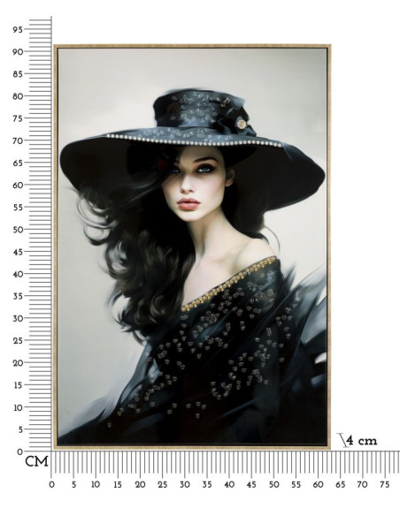 Grande toile murale peinte Femme chapeau noir 62x92 avec cadre doré Dori 