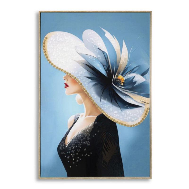 Grande toile murale peinte Femme chapeau bleu 62x92 avec cadre doré Dori 