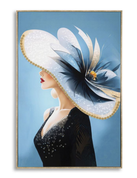 Grande toile murale peinte Femme chapeau bleu 62x92 avec cadre doré Dori 