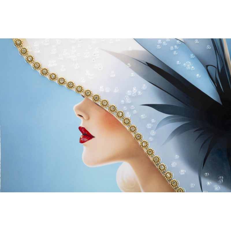 Grande toile murale peinte Femme chapeau bleu 62x92 avec cadre doré Dori 