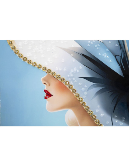 Grande toile murale peinte Femme chapeau bleu 62x92 avec cadre doré Dori 