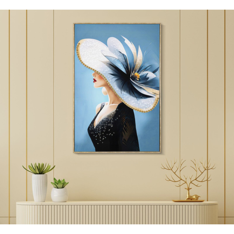 Grande toile murale peinte Femme chapeau bleu 62x92 avec cadre doré Dori 