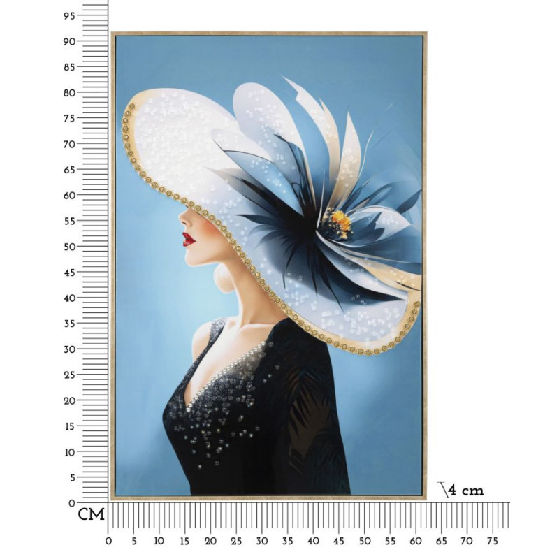 Grande toile murale peinte Femme chapeau bleu 62x92 avec cadre doré Dori 