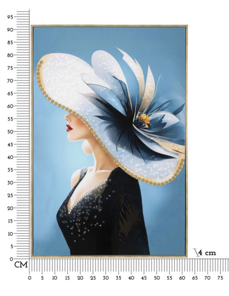 Grande toile murale peinte Femme chapeau bleu 62x92 avec cadre doré Dori 