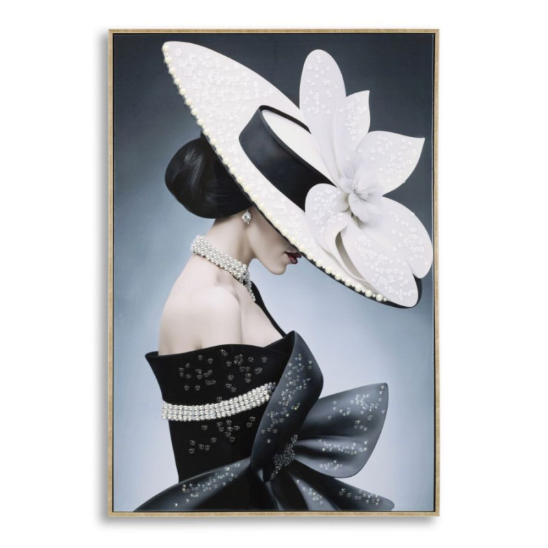 Toile murale peinte Femme chapeau blanc profil 62x92 avec cadre doré Marty 
