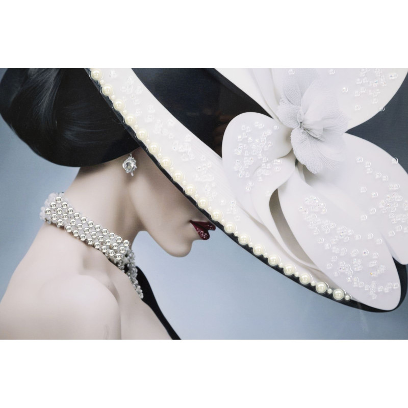 Toile murale peinte Femme chapeau blanc profil 62x92 avec cadre doré Marty 